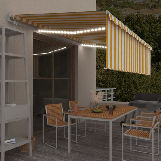 sárga-fehér redőnyös, LED-es, szélérzékelős napellenző 5x3 m