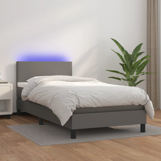 szürke műbőr rugós ágy matraccal és LED-del 80 x 200 cm
